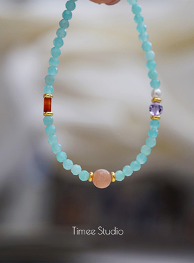 Timee恬觅 薄荷糖 天然天河石橙月光紫水晶红玛瑙淡水珍珠手链