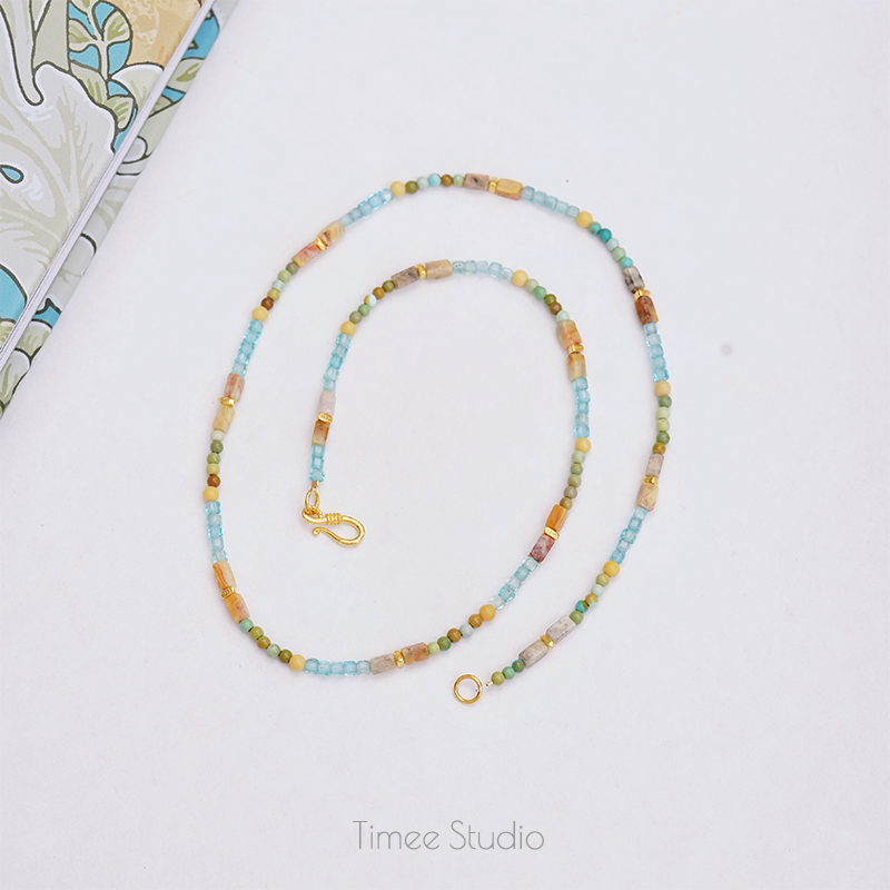 Timee恬觅 柠檬草 天然绿松蓝磷灰金膏玉玛瑙925银镀金项链礼物 - 图1