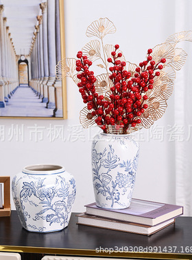 高级感中古风景德镇青花瓷手绘花瓶彩色水养鲜花干花客厅装饰摆件