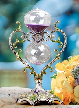复古30分钟计时器摆件金属沙漏 心型玻璃时间摆件自律计时器沙漏