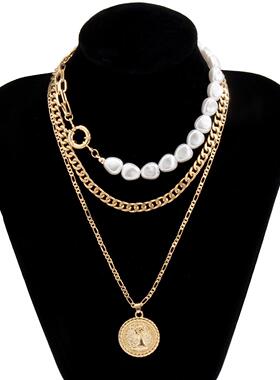Goth Baroque Pearl Coin Portrait Pendant Necklace for Women