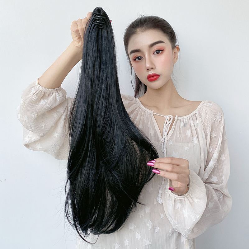 仟丝百变旗舰店仟丝百变 高马尾假发女黑色直发 自然抓夹式发尾微卷中长发辫子2