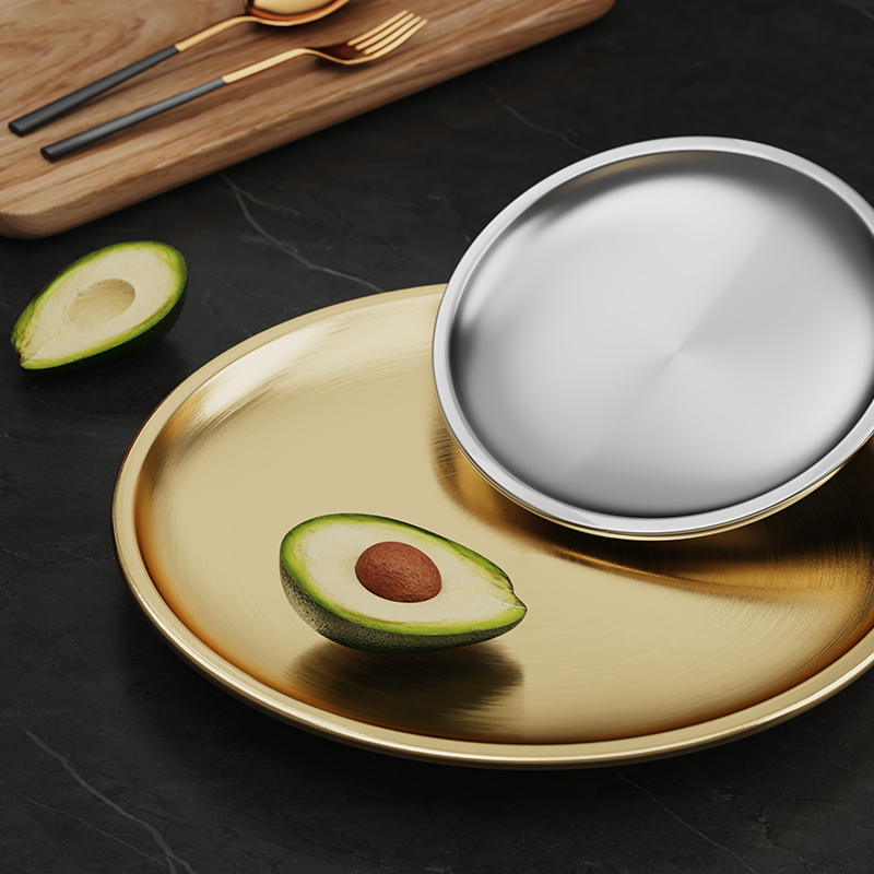 高级感不锈钢烧烤盘圆盘子吐骨碟子铁盘甜品蛋糕咖啡托盘金色餐具 - 图0