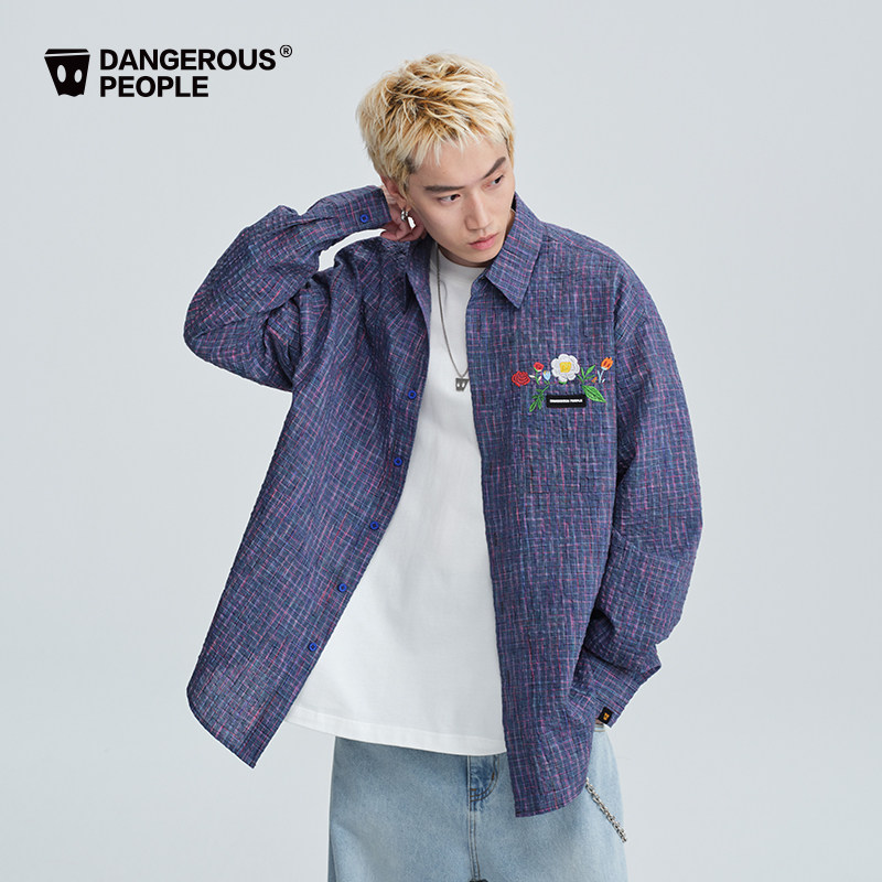 Dangerouspeople薛之谦dsp刺绣格纹泡泡纱长袖衬衫潮牌百搭衬衣夏