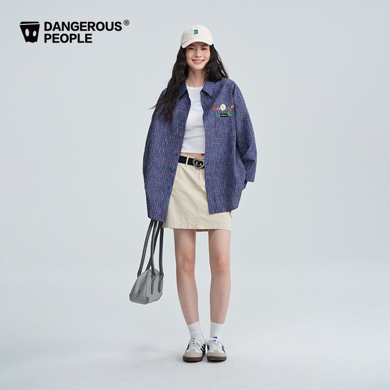 Dangerouspeople薛之谦dsp刺绣格纹泡泡纱长袖衬衫潮牌百搭衬衣夏