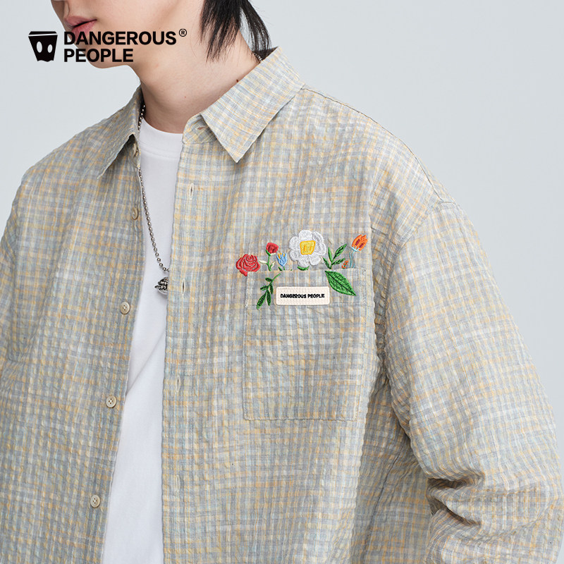 Dangerouspeople薛之谦dsp刺绣格纹泡泡纱长袖衬衫潮牌百搭衬衣夏