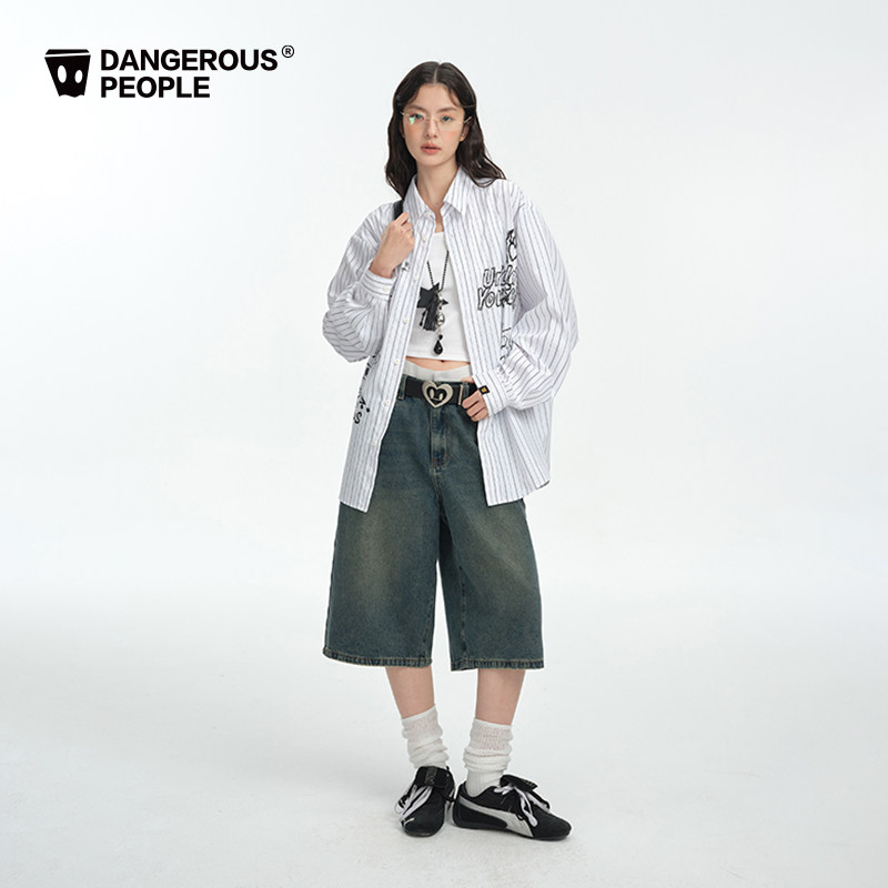 Dangerouspeople薛之谦dsp美式街头风条纹涂鸦印花宽松百搭潮衬衫,淘宝优惠券,粉丝福利购,淘宝优惠卷