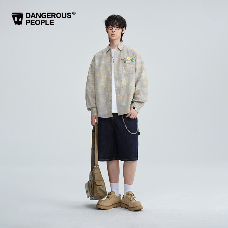 Dangerouspeople薛之谦dsp刺绣格纹泡泡纱长袖衬衫潮牌百搭衬衣夏