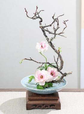 剑山插花花盆木制底座托盘中华花艺可旋转日式圆形旋转盘摆件装饰