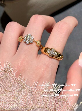 意大利复古弧形花朵宝石戒指 Vintage镀18K金 太阳花锆石戒指叠戴