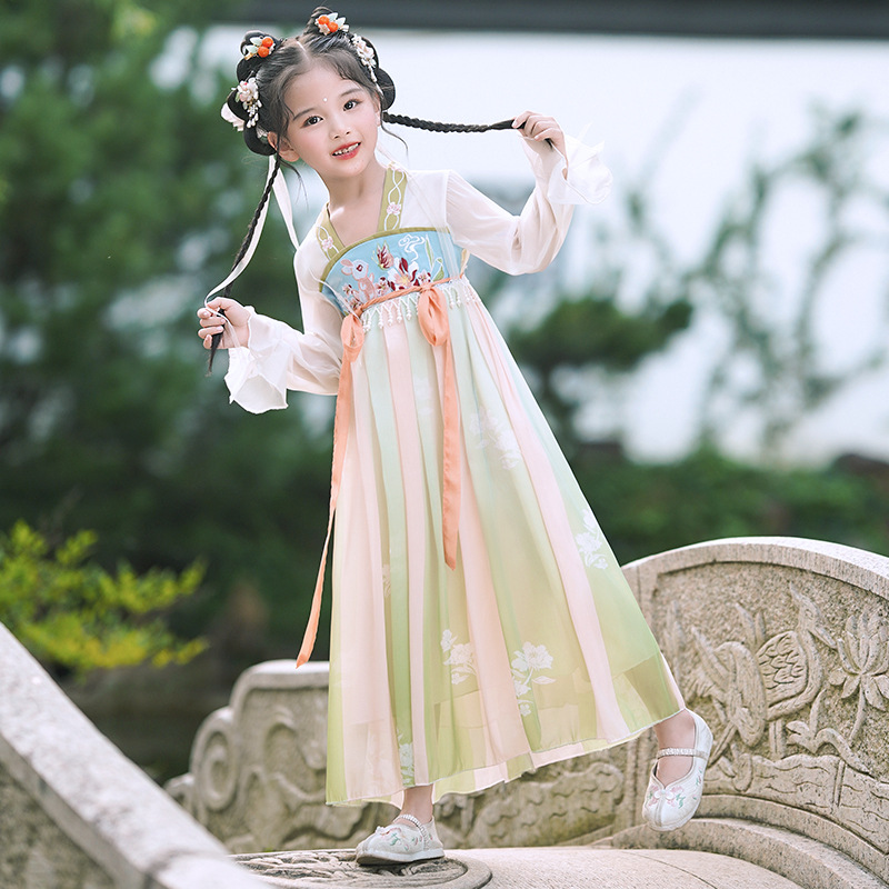 汉服女童长袖夏季新款女孩古装襦裙连衣裙中国风仙女汉服工厂直销 - 图0