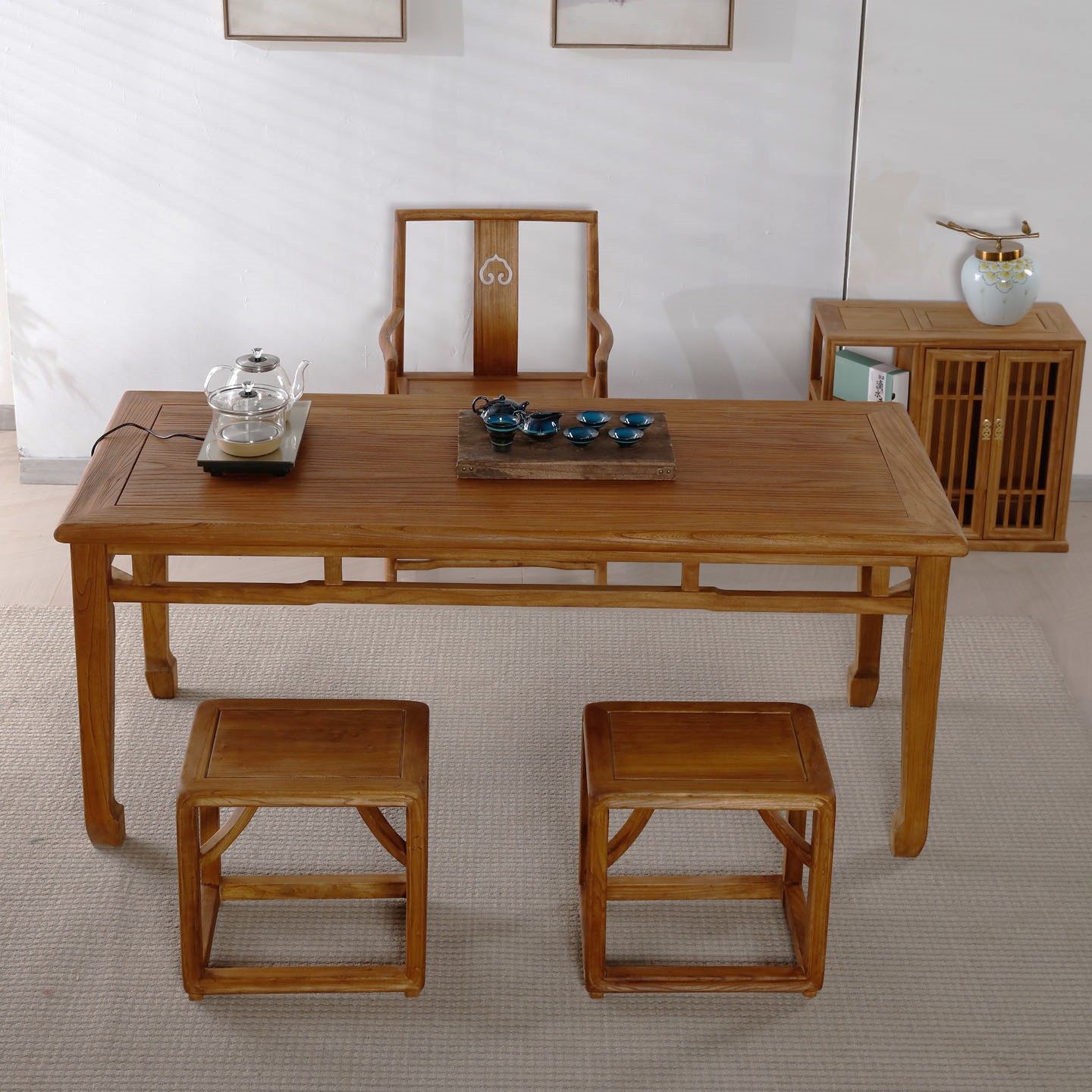 老榆木马蹄茶桌全实木新中式复古禅意家用泡茶台书桌餐桌椅长条凳,淘宝优惠券,粉丝福利购,淘宝优惠卷