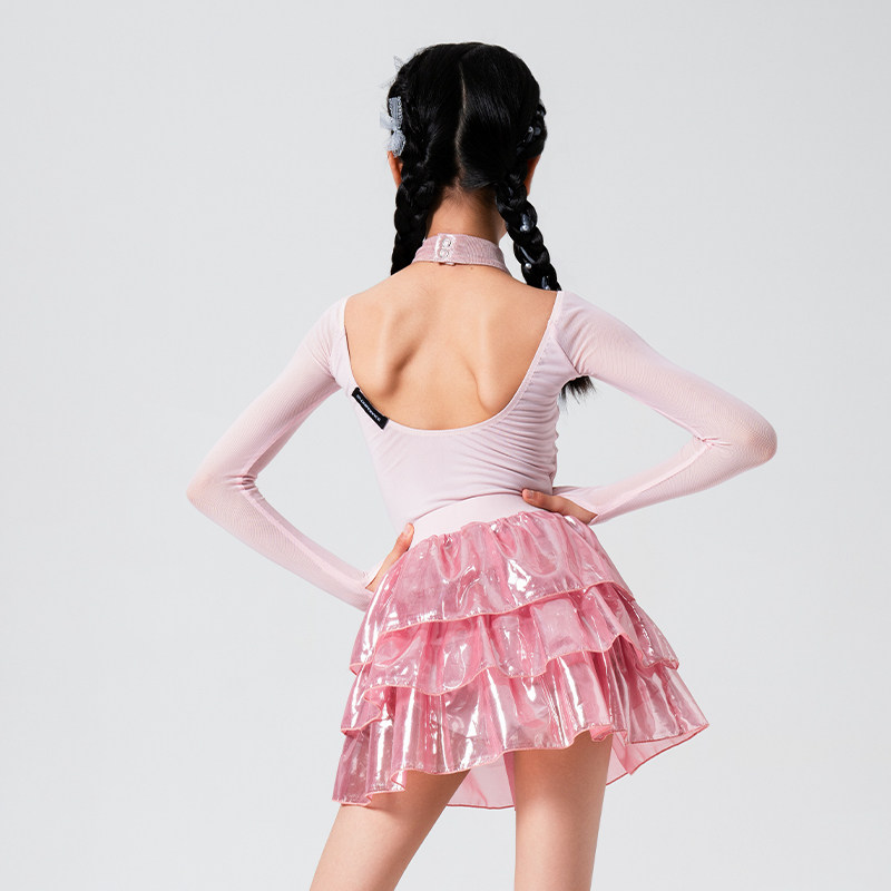 歌瑞亚拉丁舞服女少儿童新款长袖烫金雪纺半裙套装表演出练习功服,淘宝优惠券,粉丝福利购,淘宝优惠卷