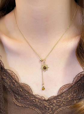 长款太阳花虎眼石吊坠项链女款配饰2025新款毛衣链高级感轻奢小众