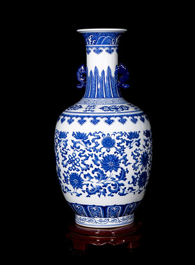 景德镇陶瓷青花瓷双耳瓶花瓶书房玄关摆件赏瓶中式家居装饰工艺品