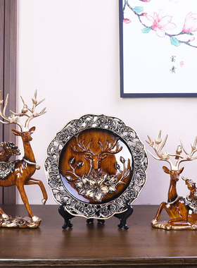 鹿创意中式招财摆件家居装饰品黄木纹客厅电视酒柜乔迁新居礼品