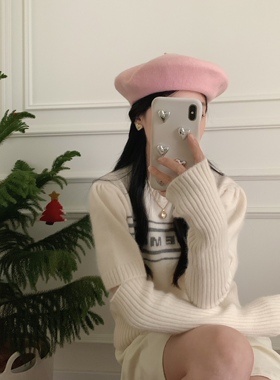 25秋冬甜美名媛显白桃粉色羊毛呢画家蓓蕾帽百搭R刺绣羊毛贝雷帽
