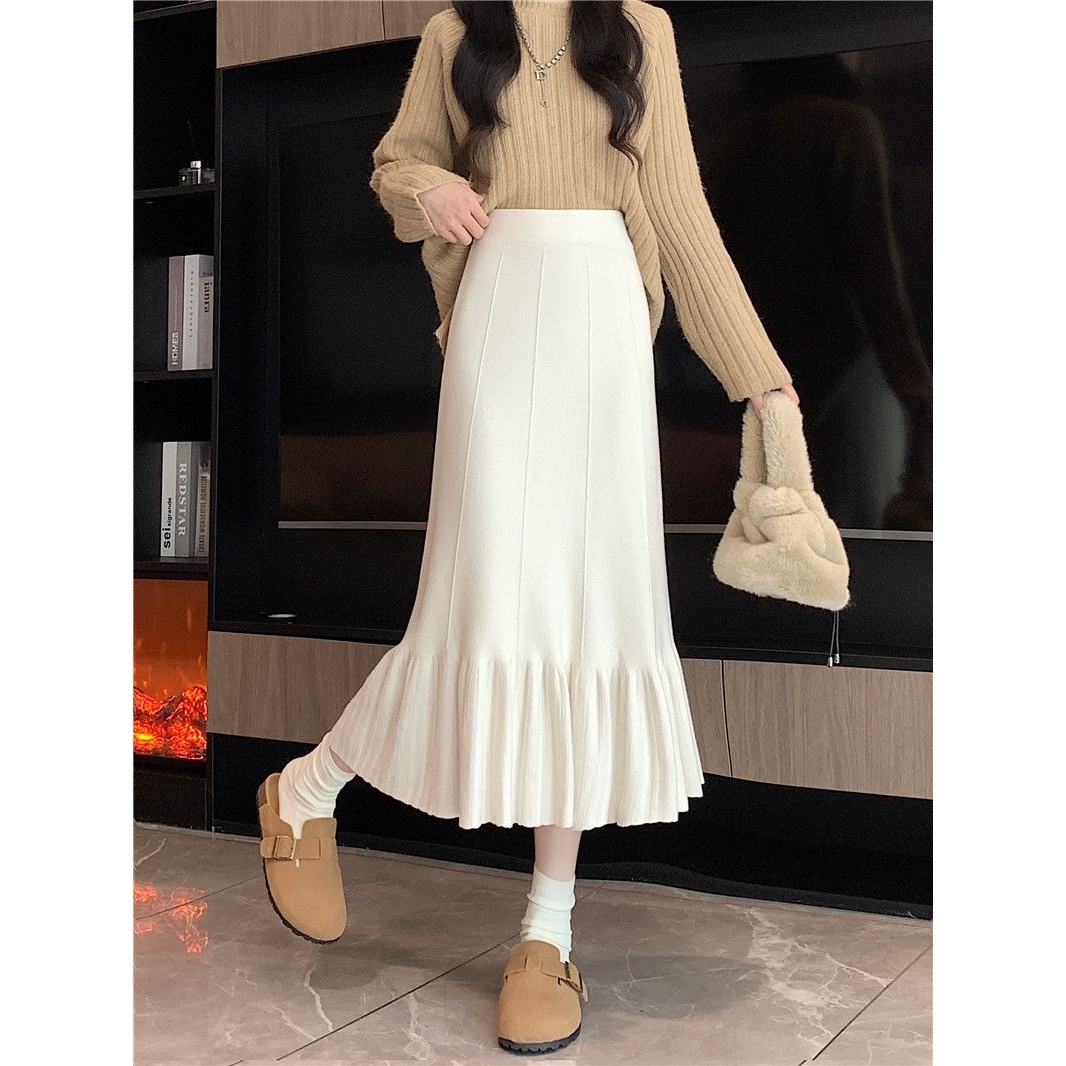 针织半身裙2024秋冬新款高腰显瘦a字裙百褶裙中长款荷叶边裙子 - 图1