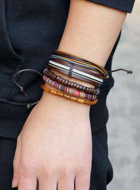 欧美TEMU热卖真皮手链 五件套木珠蜡绳皮绳编织串珠手链套装饰品