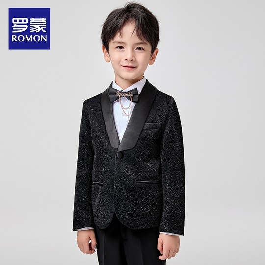 罗蒙儿童西装套装男童2025新款主持人礼服男孩走秀西服黑色演出服
