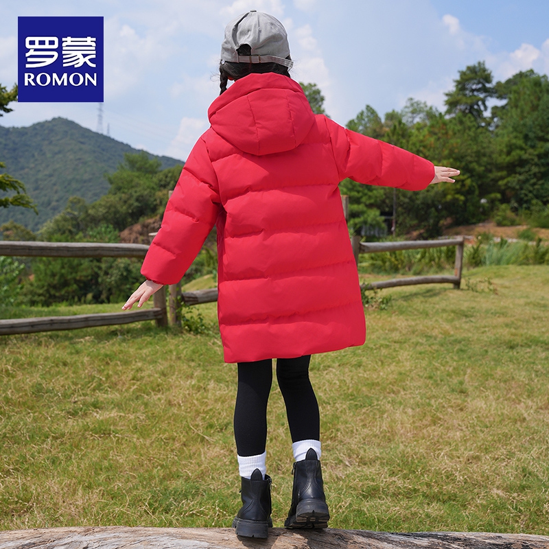 罗蒙童装女童红色羽绒服中长款冬季加厚保暖2025新款儿童连帽外套 - 图3