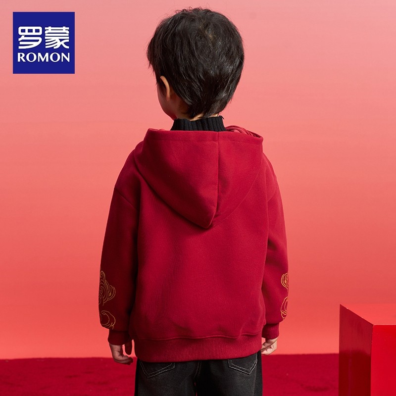 罗蒙童装男童拜年服2025秋冬新款儿童连帽本命年红色新年加绒卫衣,淘宝优惠券,粉丝福利购,淘宝优惠卷