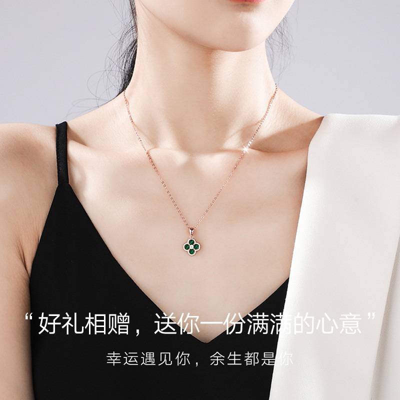 新品s925纯银幸运四叶草项链莫桑石套链孔雀石高级轻奢 - 图2