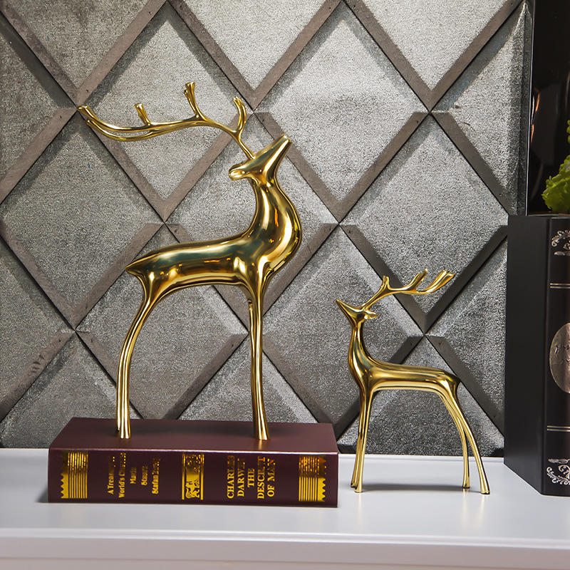 欧式轻奢亮铜色鹿摆件现货创意家居软装客厅书房桌面纯铜摆件-图0