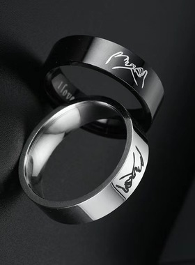 欧美时尚激光刻字不锈钢戒指6mm银色黑色情侣款指环饰品厂家