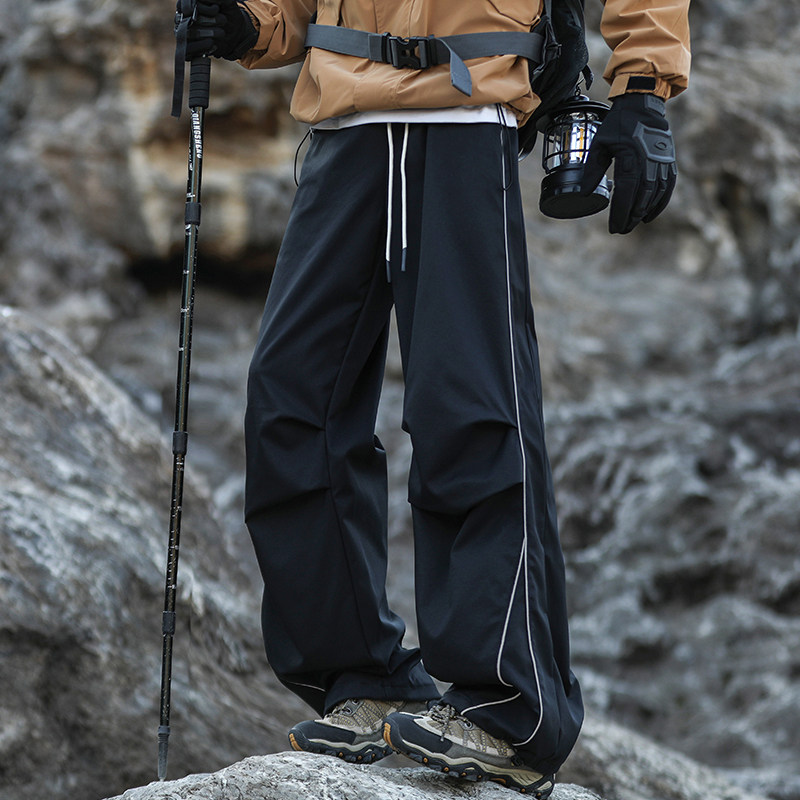 【chammy专属】户外直筒裤宽松褶皱休闲反光条冲锋伞兵潮男女同款