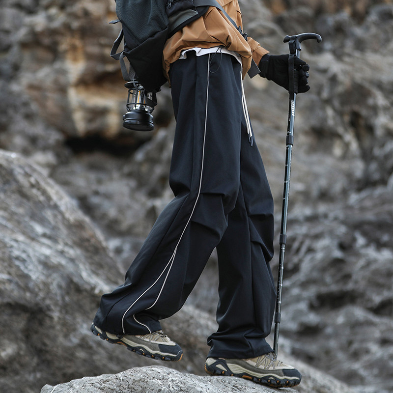 【chammy专属】户外直筒裤宽松褶皱休闲反光条冲锋伞兵潮男女同款