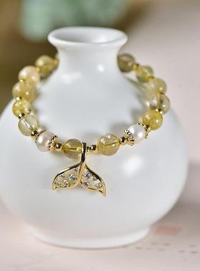 2025发晶手链 超强天然水晶金发晶钛金手串 抽拉式可调节14k包金