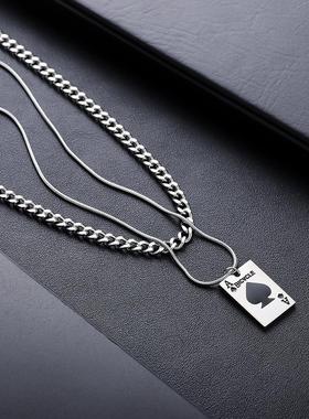 2025扑克牌黑桃A项链男钛钢 小众个性不锈钢双层古巴项链潮女嘻哈