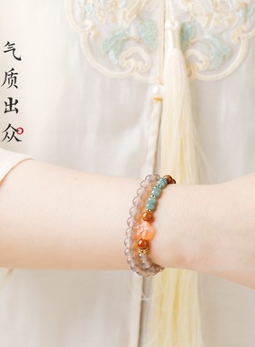 2026天然库克串珠手串蓝水翡翠幸运花手链女生中式灰玛瑙多圈叠戴