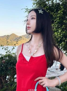 2025夏日清冷感白色海星贝壳项链海边度假风爆闪镶钻珍珠锁骨链颈