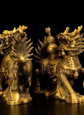 铜麒麟摆件一对麒麟献瑞火麒麟摆件家居客厅大号装饰开业礼品