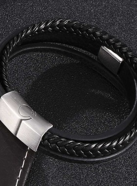 热销爆款复古牛皮编织真皮钛钢手镯定制皮革不锈钢手链手环
