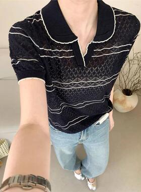 法式高级感撞色条纹polo