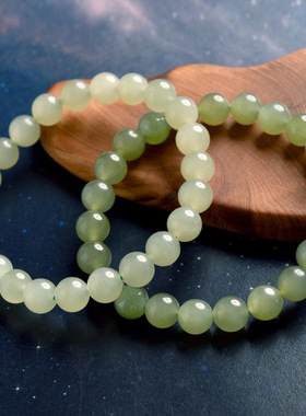 日本品质和田玉手串女男冰底高冰天然晴水和田玉青白玉湖水绿珠子