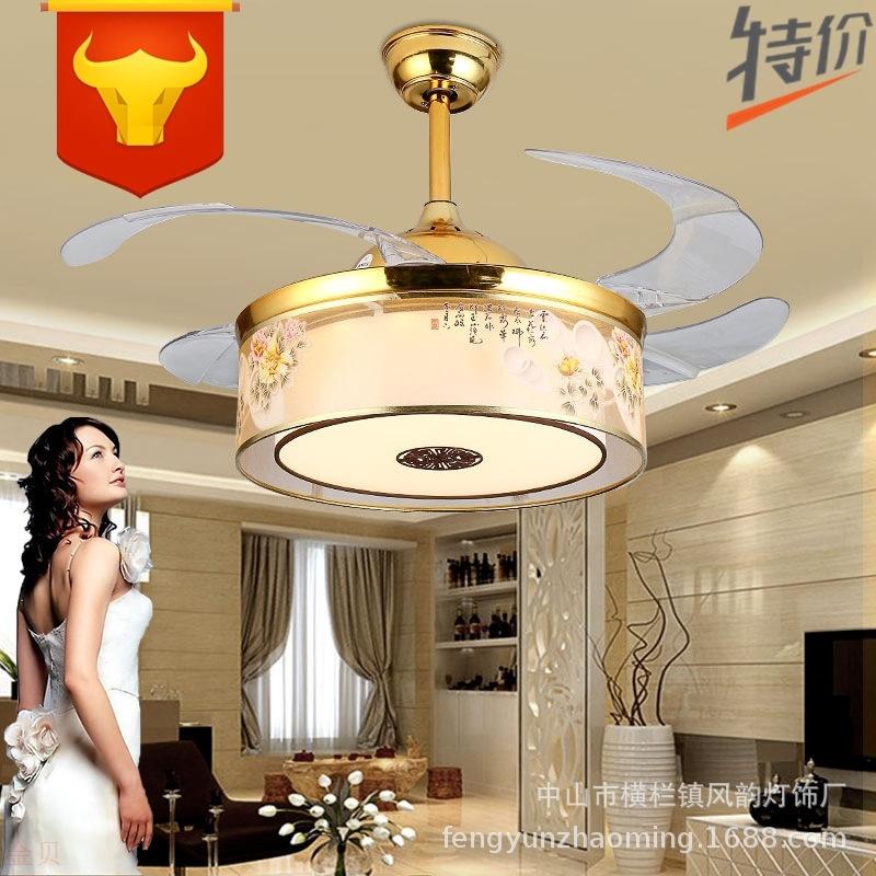 新中式LED隐形风扇灯静音变频带电灯客厅餐厅吊扇灯卧室吸顶灯具
