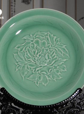 龙泉宋元青瓷牡丹挂盘装饰玄关