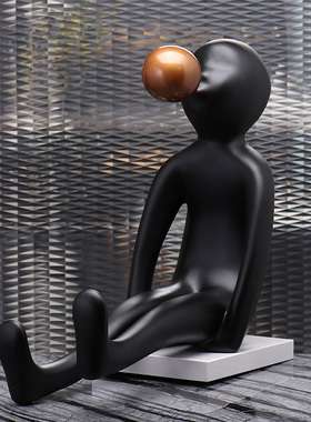 现代轻奢创意黑色人物吹泡泡雕塑摆件酒店大堂样板间客厅软装饰品