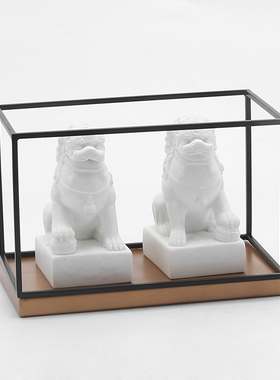 新中式禅意铁架白色狮子一对