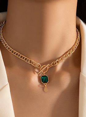 真金电镀通体钛钢轻奢绿色方锆ot扣粗链项链简约感配饰工厂价