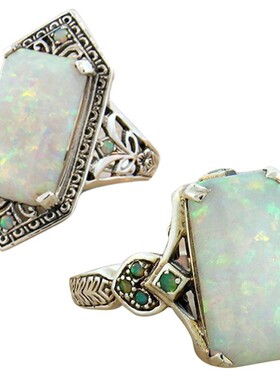 健杰  跨境新品方形白色澳宝古银戒指欧美新娘女士结婚手饰品