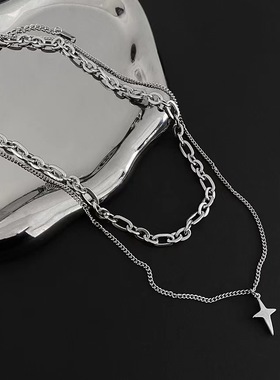 ins网红双层拼接四芒星叠戴项链女小众T恤卫衣链个性冷淡风酷