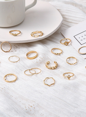 欧美跨境电商饰品 亚马逊金色时尚17件套微镶水钻珍珠套装戒指女