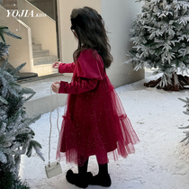 Girl velvet dress with dress autumn and winter 2023 new Yangqi girl New Chinese New Year Dress Winter Thickened Children Princess Dress