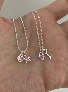 sweetbones纯银925项链粉色锆石爱心星星钥匙项链