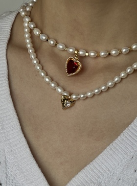 sweetbones珍珠爱心锆石项链高级质感复古轻奢